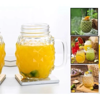 Cốc thủy tinh 500ml quai hình quả dứa dày dặn, kèm nắp nhôm - Thiết kế độc đáo, giá ưu đãi 19.500đ