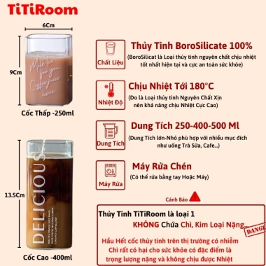 Cốc thủy tinh vuông trong suốt chịu nhiệt cao, thích hợp cho cà phê & sinh tố 4