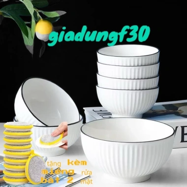 Combo 10 Bát Ăn Cơm Sứ Trắng Viền Đen, Chống Trượt, Men Bóng Dày, 330ml, Giá chỉ 55.000 VND