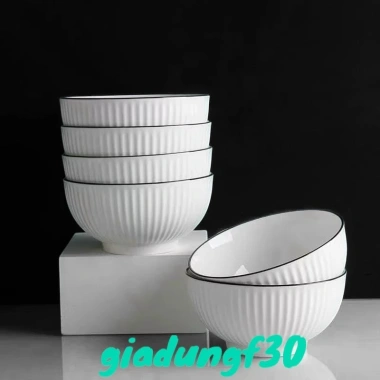 Combo 10 Bát Ăn Cơm Sứ Trắng Viền Đen, Chống Trượt, Men Bóng Dày, 330ml, Giá chỉ 55.000 VND