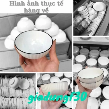 Combo 10 Bát Ăn Cơm Sứ Trắng Viền Đen, Chống Trượt, Men Bóng Dày, 330ml, Giá chỉ 55.000 VND