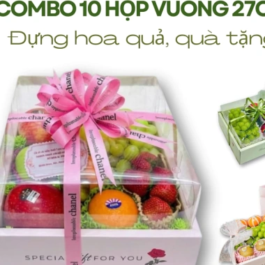 Combo 10 Bộ Hộp Vuông 27 Đựng Hoa Quả, Quà Tặng Nắp Mica và Túi Xách Thiết Kế Xưởng Gốc Giá 155k