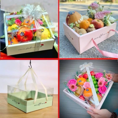 Combo 10 bộ Khay và Túi Giấy Vuông Nắp Mica Trong Suốt - Hộp Đựng Hoa Quả, Trái Cây 27x27cm Giá 280,000₫