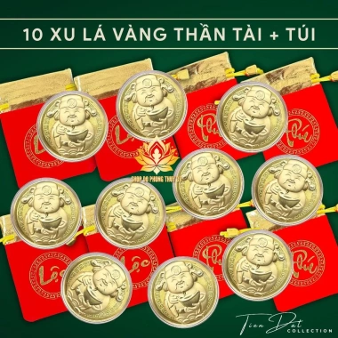 Combo 10 Đồng Xu Lá Vàng Ông Thần Tài - Thỏi Vàng, Quà Lì Xì Tết, Giá Sỉ 80.000đ