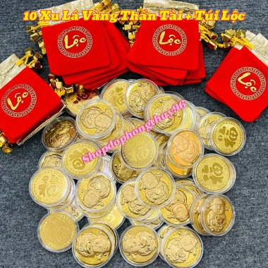 Combo 10 Đồng Xu Lá Vàng Ông Thần Tài Thỏi Vàng Vệ Thần Tài, Quà Lì Xì Tết, Túi Lộc Giá Sỉ 89.000₫