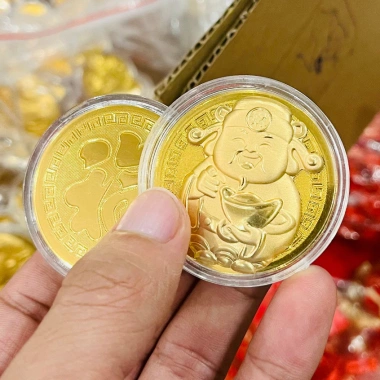 Combo 10 Đồng Xu Lá Vàng Ông Thần Tài Thỏi Vàng Vệ Thần Tài, Quà Lì Xì Tết, Túi Lộc Giá Sỉ 89.000₫