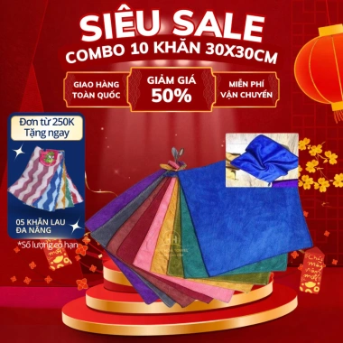 Combo 10 khăn 30x30cm đa năng làm nail, móng, lau tay, xe, bếp - mềm mịn, siêu thấm hút, không đổ lông, có móc treo