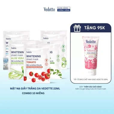 Combo 10 Mặt nạ giấy trắng da Vedette 22ml - Dưỡng ẩm, làm sáng da, Giá chỉ 189.000₫