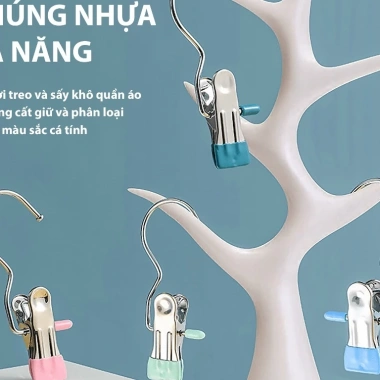 Combo 10 móc kẹp đa năng thép không gỉ, đầu bọc silicon chống tuột, treo quần áo 5