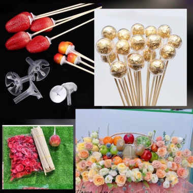 Combo 100 Đế Nhựa + Que Tre - Nắp Đỡ Hoa Quả, Bánh Kẹo, Giỏ Quả - Giá 42.000₫