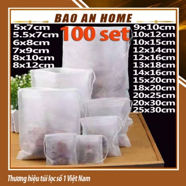 Combo 100 túi lọc trà, thảo dược dây rút không dệt - đa kích thước, giá sỉ 18.000₫