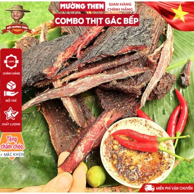 Combo 1KG Thịt Trâu Gác Bếp + Thịt Heo Gác Bếp Ngon Chuẩn Mường Then kèm Chăn Chéo