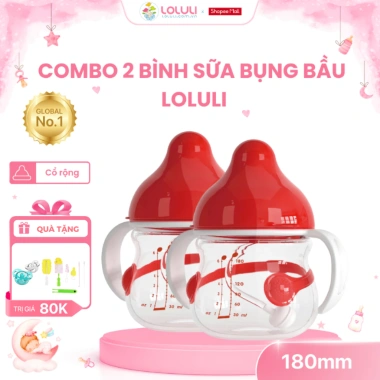 Combo 2 bình sữa cổ rộng Loluli thiết kế bụng bầu, báo nóng, nhựa PP cao cấp 180ml - Giá 450.000₫