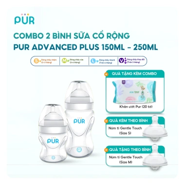 Combo 2 bình sữa Pur cổ rộng 150ml + 250ml tặng khăn ướt Pur 20 tờ - Giá 508.200đ