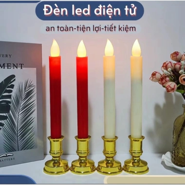 Combo 2 Cây Nến Điện Tử Chân Đế Cao, Đèn Cầy Điện Tử, Nến Bàn Thờ - Chảy Sáp, Giá 37.000₫