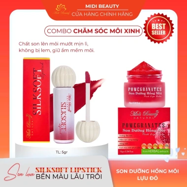 Combo 2 sản phẩm Son Kem Lụa Lì Silksoft 5g + Son Dưỡng Hồng Môi Lựu Đỏ 10g Midi Beauty - Kèm quà, giảm giá 115k