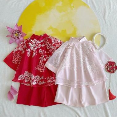 Combo 2 set áo dài cách tân vải lụa thêu hoa và voan cho bé gái Tết, Nhận sau Tết 2
