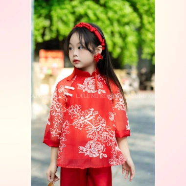 Combo 2 set áo dài cách tân vải lụa thêu hoa và voan cho bé gái Tết, Nhận sau Tết 4