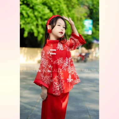 Combo 2 set áo dài cách tân vải lụa thêu hoa và voan cho bé gái Tết, Nhận sau Tết 7