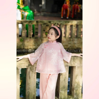 Combo 2 set áo dài cách tân vải lụa thêu hoa và voan cho bé gái Tết, Nhận sau Tết 8