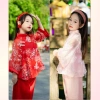 Combo 2 set áo dài cách tân vải lụa thêu hoa và voan cho bé gái Tết, Nhận sau Tết 10