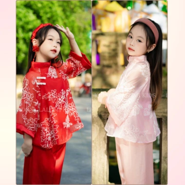 Combo 2 set áo dài cách tân vải lụa thêu hoa và voan cho bé gái Tết, Nhận sau Tết 10