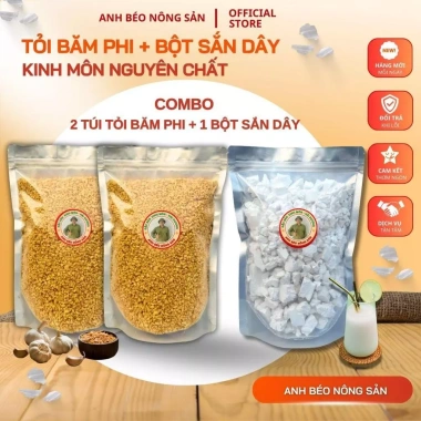 Combo 2 Túi Tỏi Phi 500g + 1 Túi Bột Sắn Dây 500g – Thơm Ngon, Vàng Giòn, Giá Ưu Đãi 292.000₫ Combo 2 Túi Tỏi Phi 500g + 1 Túi Bột Sắn Dây 500g – Thơm Ngon, Vàng Giòn, Giá Ưu Đãi 292.000₫