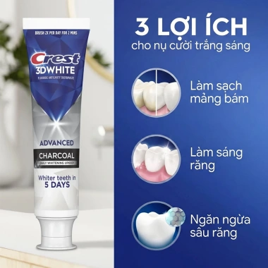 Combo 2 Tuýp Crest 3D White Advanced Charcoal 93g - Trắng Sáng, Loại Bụi Than, Giá 309k