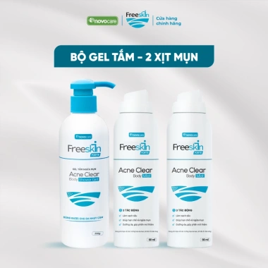 Combo 2 Xịt Mụn Lưng + 1 Gel Tắm Ngừa Mụn Freeskin – Mờ Thâm, Dưỡng Sáng Da 500k