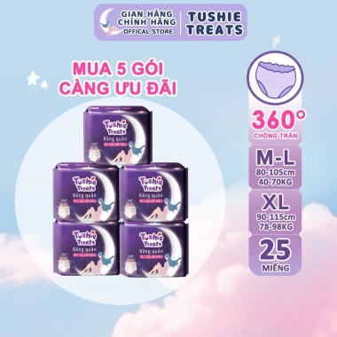 Combo 25 miếng Tushie Treats - Quần băng vệ sinh siêu mềm, siêu thấm M-XL 35-90kg Combo 25 miếng Tushie Treats - Quần băng vệ sinh siêu mềm, siêu thấm M-XL 35-90kg