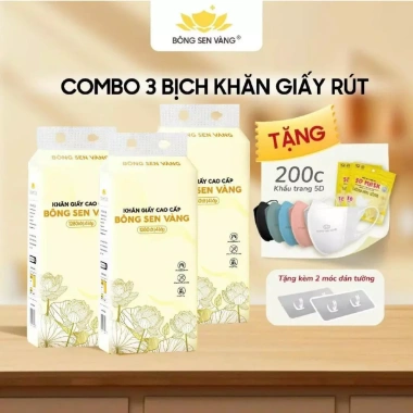 Combo 3 Bịch Khăn Giấy Rút Bao Bì Mới + 200c Khẩu Trang 5D Bông Sen Vàng và 2 Móc Treo Tường - Giá Ưu Đãi 160k