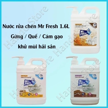 Combo 3 can Rửa chén siêu sạch Mr Fresh 1.6L Cám gạo và Tinh dầu Gừng Quế khử mùi Hải sản (có vòi nhấn) – Giá chỉ 134.000 VND