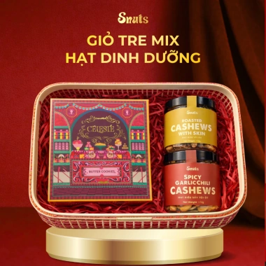 Combo 3 Giá 999k Hộp Quà Tết 2.026 Giỏ Tre SNUTS, Hạt Điều Tỏi Ớt, Hạt Điều Phô Mai, Bánh Céleste - Giá chỉ 389k