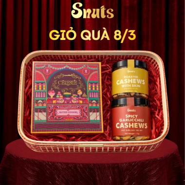 Combo 3 Giá 999k Hộp Quà Tết 2.026 Giỏ Tre SNUTS, Hạt Điều Tỏi Ớt, Hạt Điều Phô Mai, Bánh Céleste - Giá chỉ 389k