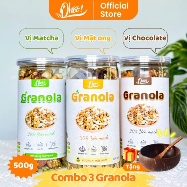 Combo 3 hũ Granola 500g 20% Yến Mạch 3 vị Mật Ong-Matcha-Chocolate - Hạt ngũ cốc dinh dưỡng tiện lợi, giảm giá 379.000₫