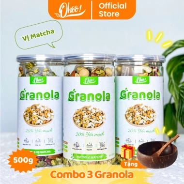 Combo 3 hũ Granola 500g 20% Yến Mạch 3 vị Mật Ong-Matcha-Chocolate - Hạt ngũ cốc dinh dưỡng tiện lợi, giảm giá 379.000₫