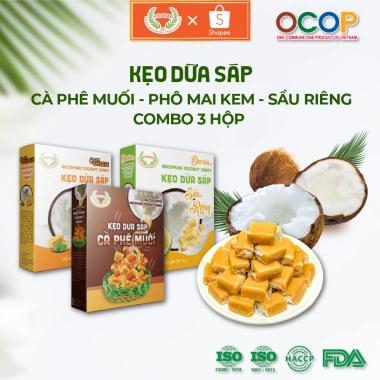 Combo 3 Kẹo dừa sáp VICOSAP: Cà phê muối phô mai, kem sầu riêng, ít đường, 100g - 186.600₫