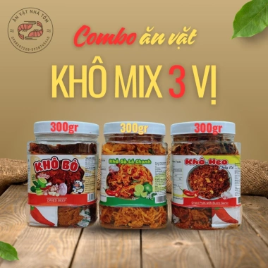 Combo 3 loại khô 300g: Bò miếng, Gà lá chanh, Heo cháy tỏi - Snack ăn vặt 199.000đ