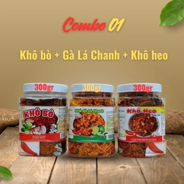 Combo 3 loại khô 300g: Bò miếng, Gà lá chanh, Heo cháy tỏi - Snack ăn vặt 199.000đ