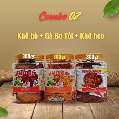 Combo 3 loại khô 300g: Bò miếng, Gà lá chanh, Heo cháy tỏi - Snack ăn vặt 199.000đ