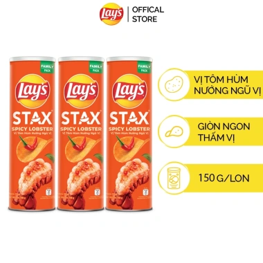 Combo 3 Ống Bánh Lay's Stax 150g – Tự Nhiên, Tôm Hùm Nướng, Kem Chua Hành Tây, BBQ – Giòn Ngon Thấm Vị, chỉ 121k