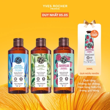 Combo 3 sữa tắm Yves Rocher 400ml – hương biển, oliu, mâm xôi đỏ – Giá 739.000₫