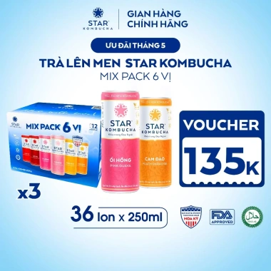 Combo 3 thùng 12 lon STAR KOMBUCHA mix vị Tết 250ml - Trà lên men hữu cơ, bảo vệ sức khỏe - Giá chỉ 999.000₫