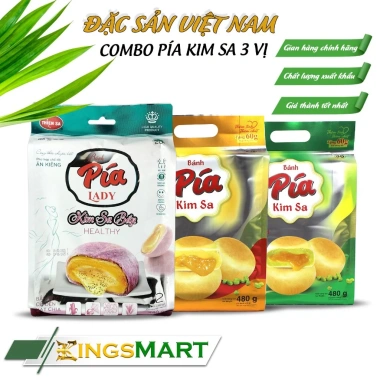 Combo 3 túi bánh pía kim sa trứng chảy Bắp Healthy, Lá Dứa, Đậu Xanh - 12 bánh 480g - 111k