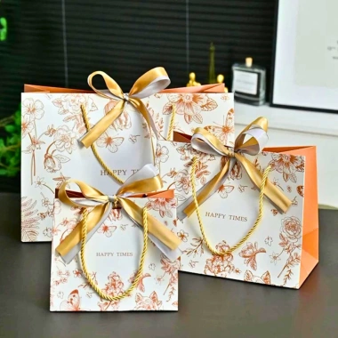 Combo 3 Túi Đựng Quà Giấy Cứng Trắng Cam Happy Times TU69 – Dây Cột Nơ Xinh Xắn, Quà Sinh Nhật & Lễ Tết 2