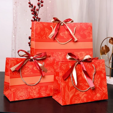 Combo 3 Túi giấy họa đỏ vân kẻ sọc TU44 Túi quà Tết đỏ dày dặn kèm nơ 5