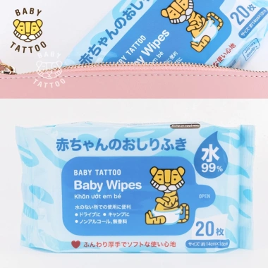 Combo 30 gói 20 miếng Khăn Giấy Ướt Cao Cấp Không Mùi BABY TATTOO Mềm mại bảo vệ da bé giảm giá đặc biệt chỉ 600.000đ