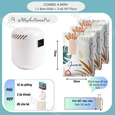 Combo 4-6 Túi Hút Chân Không Bảo Quản Quần Áo, Chăn Ga + Bơm Điện Giá Ưu Đãi 195k