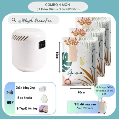 Combo 4-6 Túi Hút Chân Không Bảo Quản Quần Áo, Chăn Ga + Bơm Điện Giá Ưu Đãi 195k