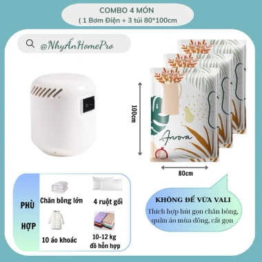 Combo 4-6 Túi Hút Chân Không Bảo Quản Quần Áo, Chăn Ga + Bơm Điện Giá Ưu Đãi 195k